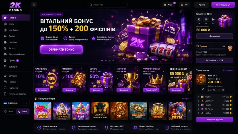 Екран вітального бонуса 2K Casino з блоками кешбеку, фріспінів і турнірів