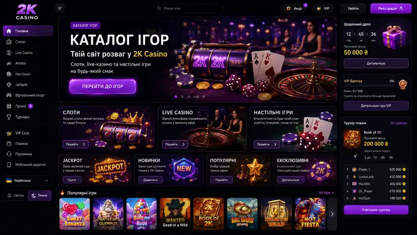 Каталог ігор 2K Casino: секції слотів, live-казино, настільних ігор і джекпотів