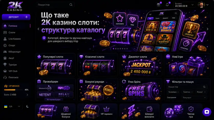 Структура каталогу слотів 2K Casino: категорії, бонусні раунди, фріспіни та фільтр за провайдером