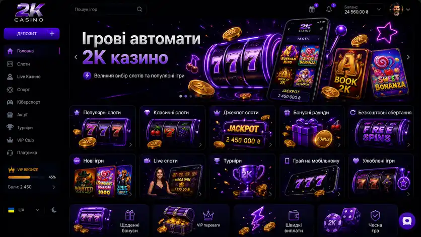 Розділ ігрових автоматів 2K Casino: популярні, класичні та джекпот-слоти, live-слоти й турніри